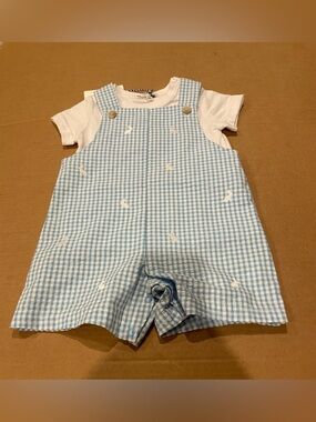 Light Blue Gingham Baby Overall Romper with Bird Embroidery